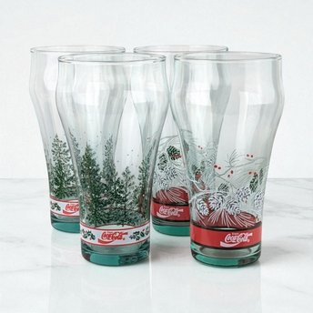 Vintage Coca-Cola Christmas Glasses (Set of 4) - Pine Cone & Tree Design