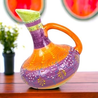 Vintage Spanish Pottery Pitcher: Handmade Ceramic Water Jug, Colorful Home Decor