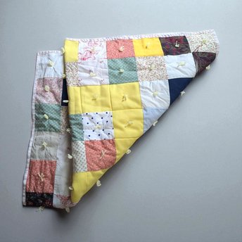 Vintage Handmade Patchwork Baby Blanket: Yellow Floral Calico Crib Quilt