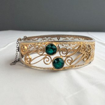Vintage Gold Filigree Bangle: Green Stone Art Nouveau Cuff