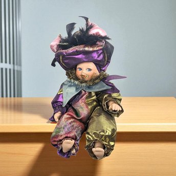 Vintage Harlequin Jester Porcelain Doll: Collectible Clown Decor