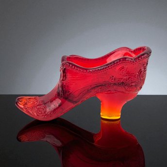 Vintage Amberina Glass Shoe: Floral Bow Art Glass Slipper