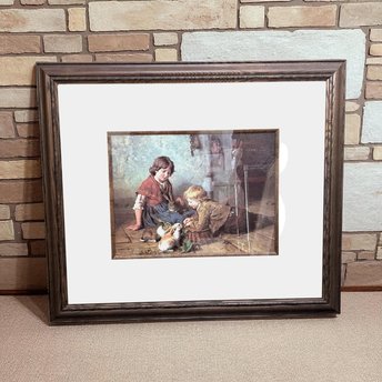 Vintage "Feeding the Rabbits" Print: Framed Nursery Art by Felix Schlesinger