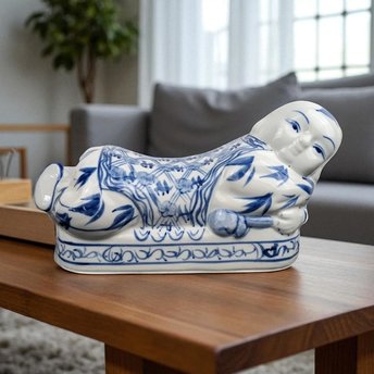 Vintage Blue & White Chinese Porcelain Headrest: Asian Decor Pillow