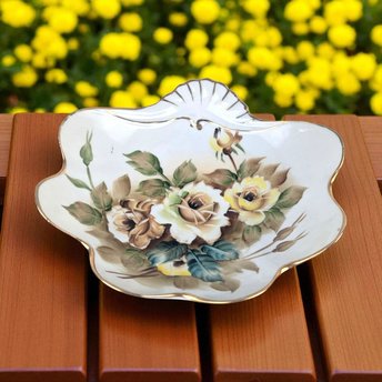 Vintage Ucagco Floral Trinket Dish: Hand Painted Roses, Gold Trim