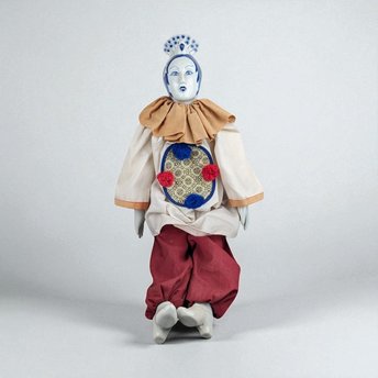 Vintage Chinese Opera Doll: Blue & White Porcelain, 24 Inch with Stand