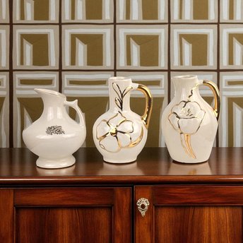 Vintage Cream Ceramic Bud Vase Trio: MCM Pitcher Vases with Gold Trim & Flowers