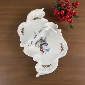 Vintage Handled Christmas Tray: Ceramic Angel Cookie Platter Tidbit Dish