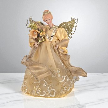 Vintage Gold Angel Tree Topper: Christmas Figurine with Porcelain Head and Glitter Wings