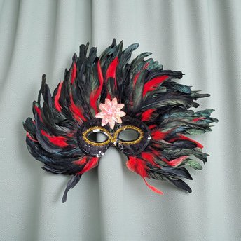 Vintage Feather Mardi Gras Mask: Black & Red Masquerade Wall Decor