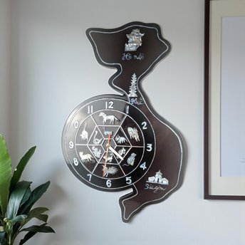 Vintage Vietnam Map Wall Clock: Mother of Pearl Inlay, Lacquerware Zodiac Clock