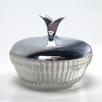 Vintage Glass Vanity Bowl: Art Deco Style Powder Dish, Chrome Lidded Trinket Box