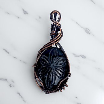 Handmade Copper Wire Black Onyx Pendant: Carved Gemstone Jewelry