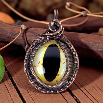 Copper Wire Wrapped Eye Pendant: Handmade Fantasy Reptile Jewelry