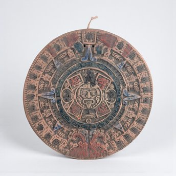 Vintage Aztec Calendar Wall Art: Terracotta Sun Stone Plaque Made in Mexico Folk Art