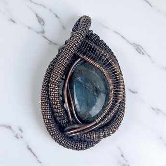 Intricate Wire Wrapped Labradorite Pendant: Handmade Antiqued Copper Jewelry