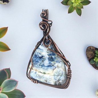 Copper Wire Wrapped Pendant: Blue Scheelite Stone, Handmade Natural Gemstone Jewelry