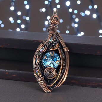 Handmade Copper Wire Wrapped Pendant: Blue Rivoli Crystal Statement Jewelry