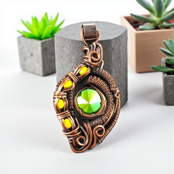 Handmade Copper Wire Pendant: Green Crystal and Yellow Accent JewelryHandmade Copper Wire Pendant: Green Crystal and Yellow Accent Jewelry