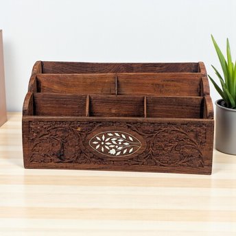 Vintage Carved Wood Desk Organizer: Rosewood & Inlay Letter Holder