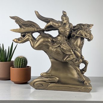 Vintage Guan Yu Statue: Chinese Warrior on Horseback, Gold Resin Figurine