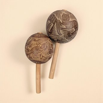 Vintage Etched Gourd Maracas: Hand Carved Owl & Bird Shakers, Mexican Folk Art Decor