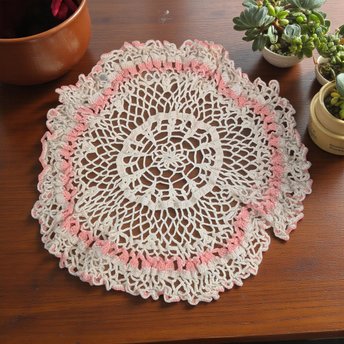 Vintage Crocheted Doily: Large Cream & Pink Hand-Knit Lace Centerpiece