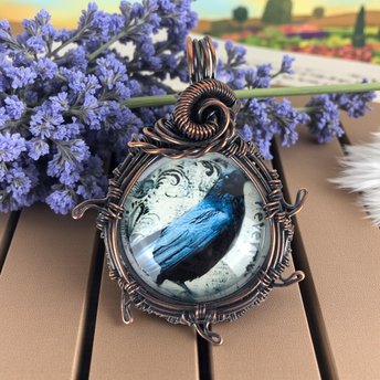 Handmade Copper Raven Pendant: Wire Wrapped Bird Cabochon Necklace