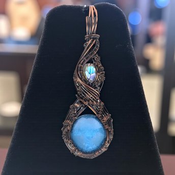 Copper Wire Wrapped Pendant: Blue Czech Glass with Crystal Accent