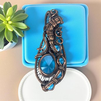 Copper Wire Wrapped Pendant: Blue Rivoli Crystal Necklace, Handmade Jewelry