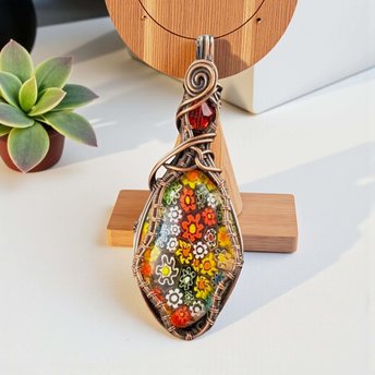 Copper Wire Wrapped Millefiori Pendant: Colorful Glass Cabochon