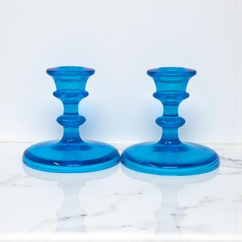Vintage Blue Glass Candlesticks: Pair of Taper Candle Holders