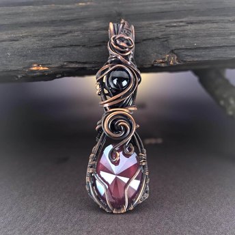 Copper Wire Wrapped Pendant: Purple Teardrop Crystal and Black Bead