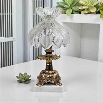 Vintage Hollywood Regency Accent Lamp: Ornate Brass, Marble Base and Glass Shade Table Light