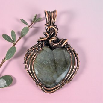 Copper Labradorite Heart Pendant: Handmade Wire Wrapped Jewelry