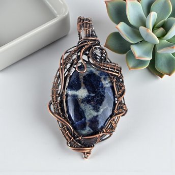 Vintage Copper Sodalite Pendant: Artisan Wire Wrapped Gemstone Jewelry