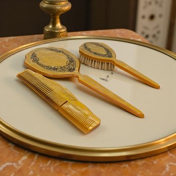 Vintage 1930s Celluloid Vanity Set: Art Deco Dresser Mirror and Brush
