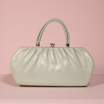 Vintage 1950s Cream Frame Handbag: Pleated Top Handle Purse