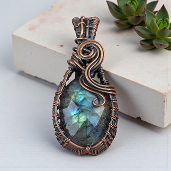 Checkered Labradorite Pendant: Copper Wire Wrapped Handmade Gemstone Jewelry