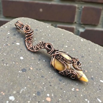 Yellow Agate Copper Pendant: Handmade Abstract Wire Wrapped Drop