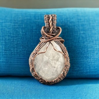 White Moonstone Copper Pendant: Handmade Wire Wrapped Teardrop