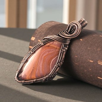 Handmade Tan Agate Copper Wire Wrapped Pendant: Antiqued Jewelry Focal