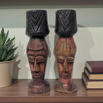 Vintage Hand Carved Wooden Candle Holders: Tribal Face Totem Pair