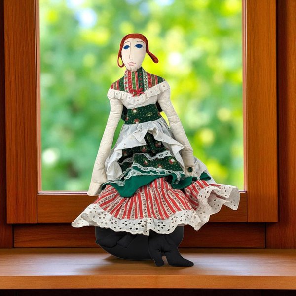 Vintage Handmade 25" Cloth Doll with Red Hair & Ruffled Dress