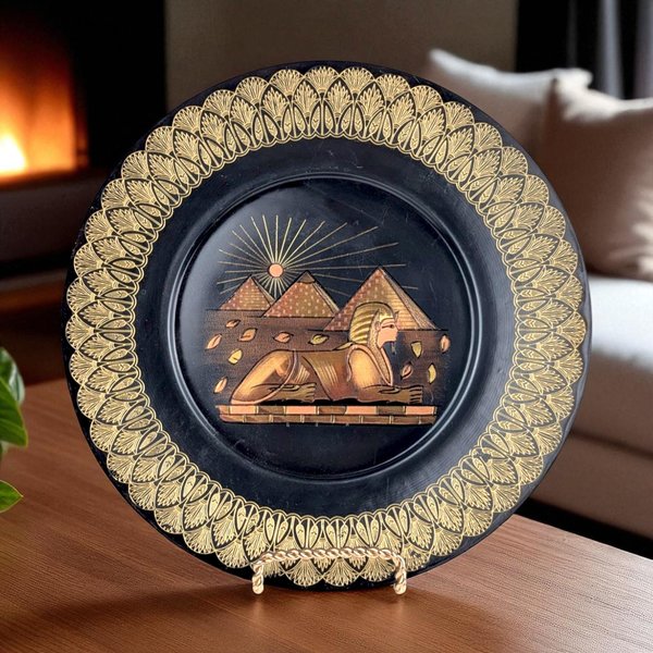Vintage Egyptian Brass Plate: Sphinx & Pyramids Wall Hanging