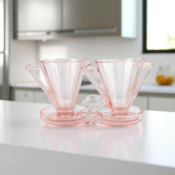 A three-piece pink depression glass set featuring a decagon-shaped creamer and sugar bowl sitting on a matching double-handled tray.