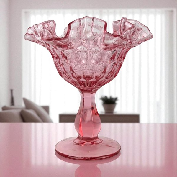 Vintage Fenton Thumbprint Ruffled Cranberry Glass Dish