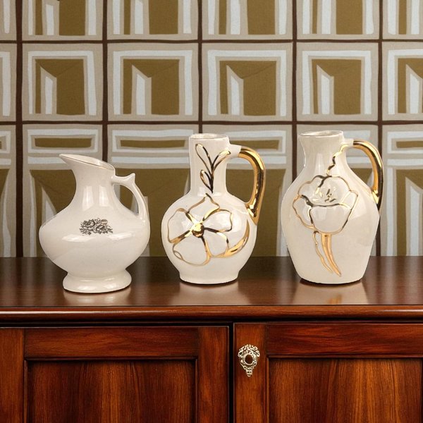 Vintage Cream & Gold Ceramic Bud Vase Trio