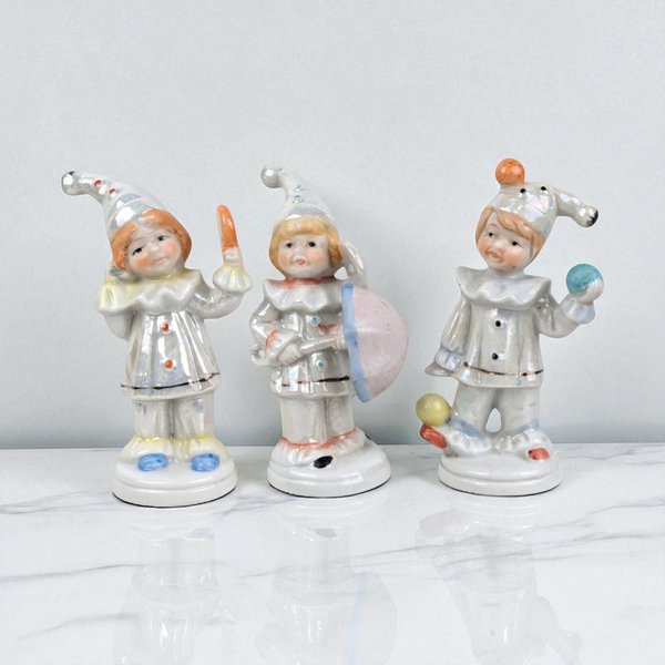 Vintage Luster Ceramic Jester Figurine Trio