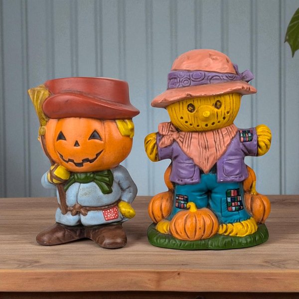 1970s Hand-Painted Scarecrow & Jack-O'-Lantern Ceramic Figures